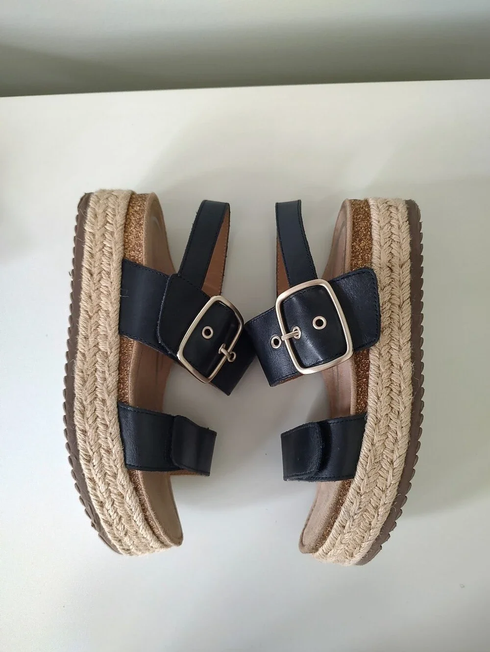 Aetrex Vania Black Leather Arch Support Espadrille Platform Wedge Sandal Size 7